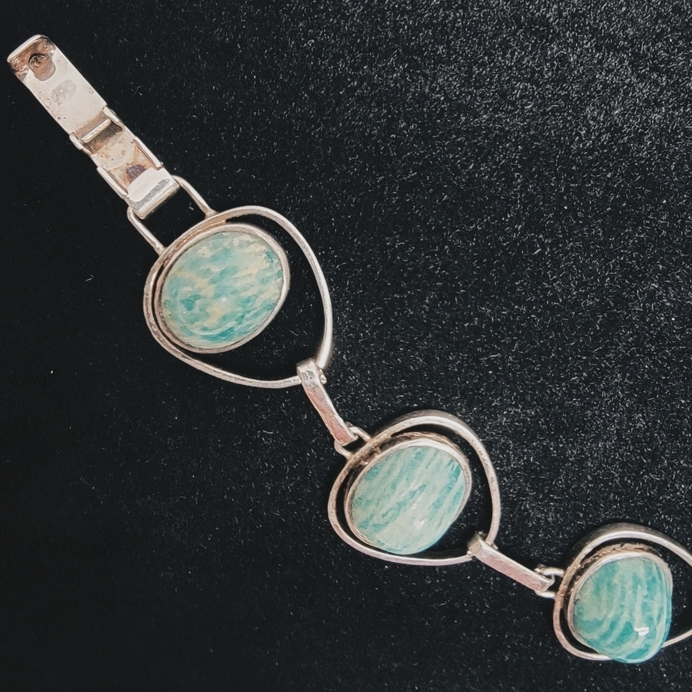 VINTAGE Sterling Silver Bracelet with Amazonite Cabachons - Picture 2 of 7